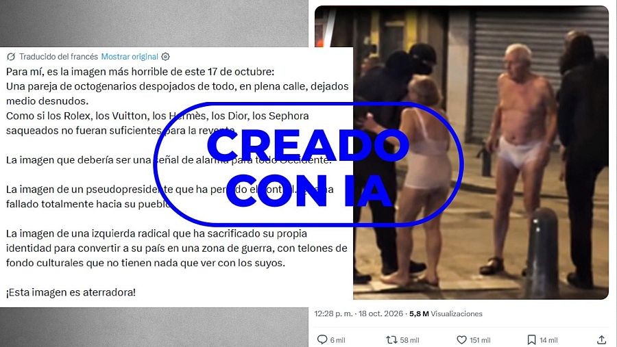Mensaje en redes que difunde la imagen de dos ancianos en ropa interior con el sello creado con IA