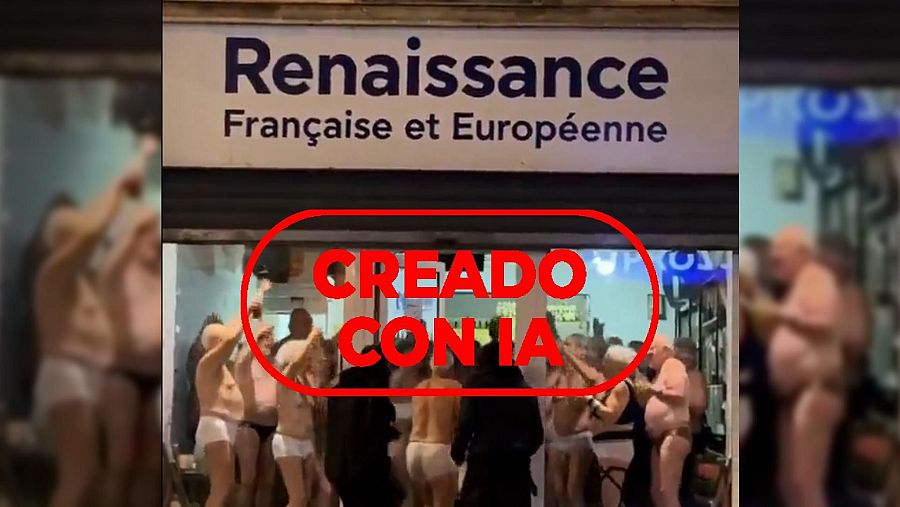 Captura del vídeo que muestra a los ancianos entrando en un local lleno de personas en ropa interior con el sello creado con IA