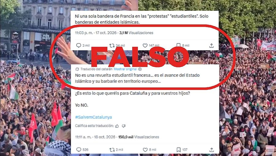 Mensajes de X que difunden como actual un vídeo de protestas por Gaza en París de 2025 con sello Falso