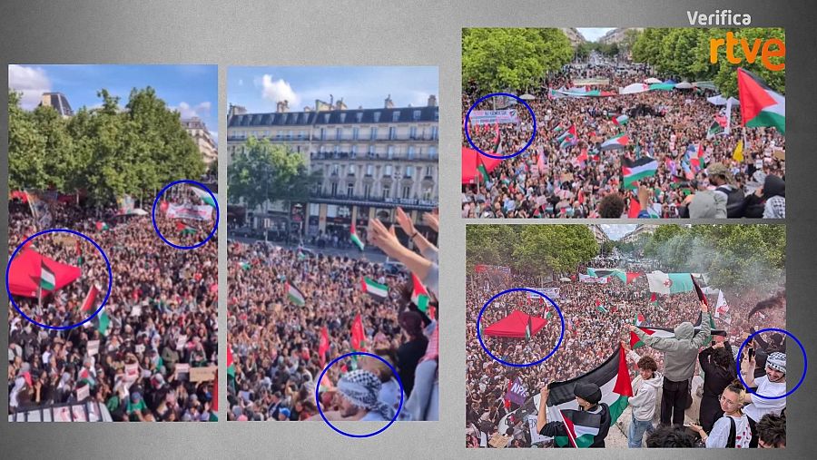 Coincidencias entre las imágenes del vídeo viral (izquierda) y captura del vídeo de Luc Aufrret (imagen superior derecha) y fotografía agencia Anadolu (imagen inferior derecha)