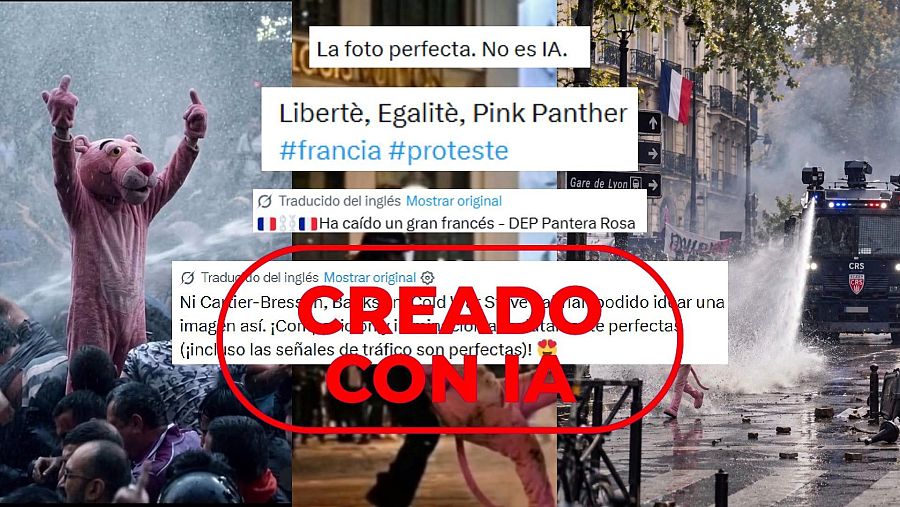Imágenes de una persona caracterizada como la Pantera Rosa en las protestas en Francia con el sello Creado con IA