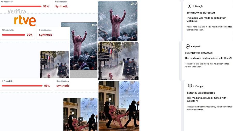 Resultados de las herramientas SynthID y TruthScan para las fotos de la Pantera Rosa en las manifestaciones de Francia