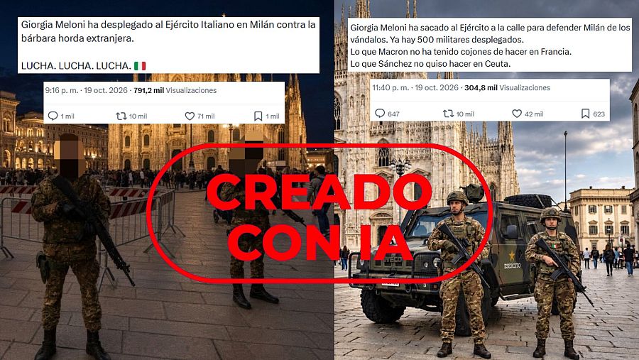 Imágenes generadas con IA de soldados junto a la catedral de Milán junto a los mensajes en X que las difunden