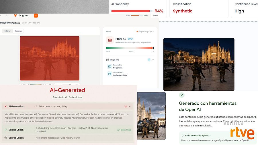 Resultado del análisis con las herramientas de detección de IA Pangram, ImageWhisperer, TruthScan y OpenAI