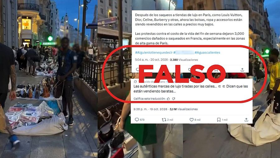 Mensaje que difunde la falsa idea de que el vídeo muestra la venta de productos procedentes de los saqueos del 17 de octubre en Francia