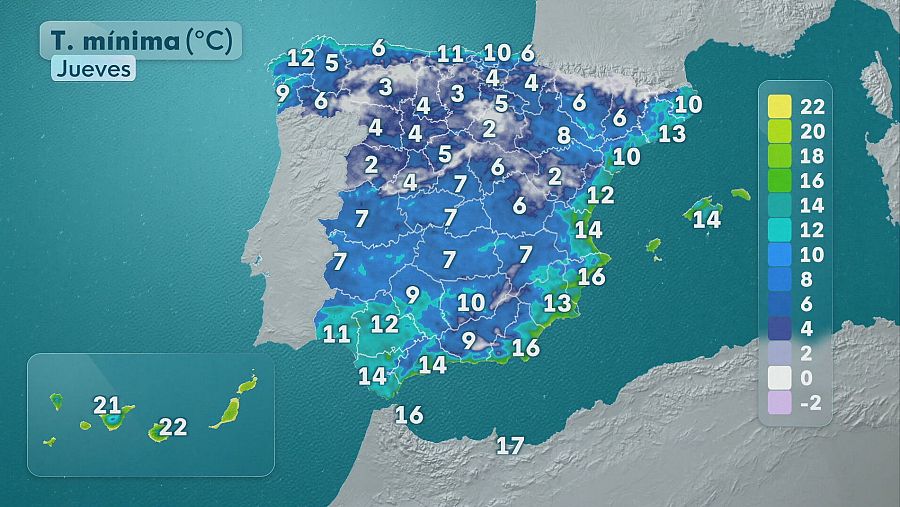 El tiempo el 22 de octubre en España: temperaturas mínimas.