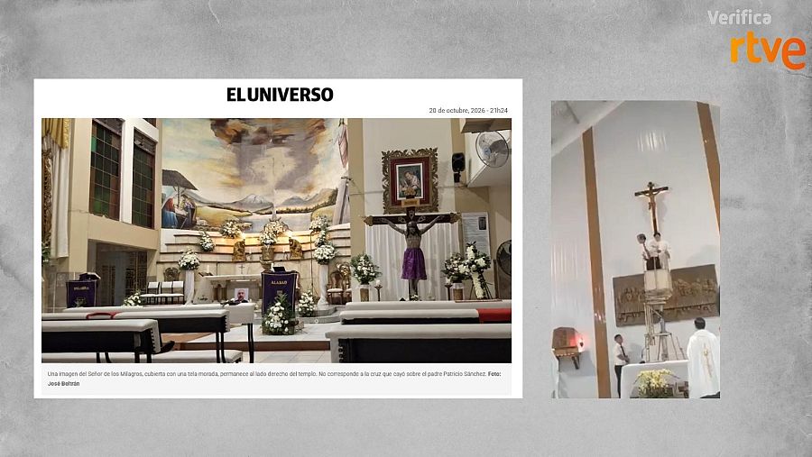 Publicación de un medio local con foto del altar donde murió el párroco y captura del vídeo de redes
