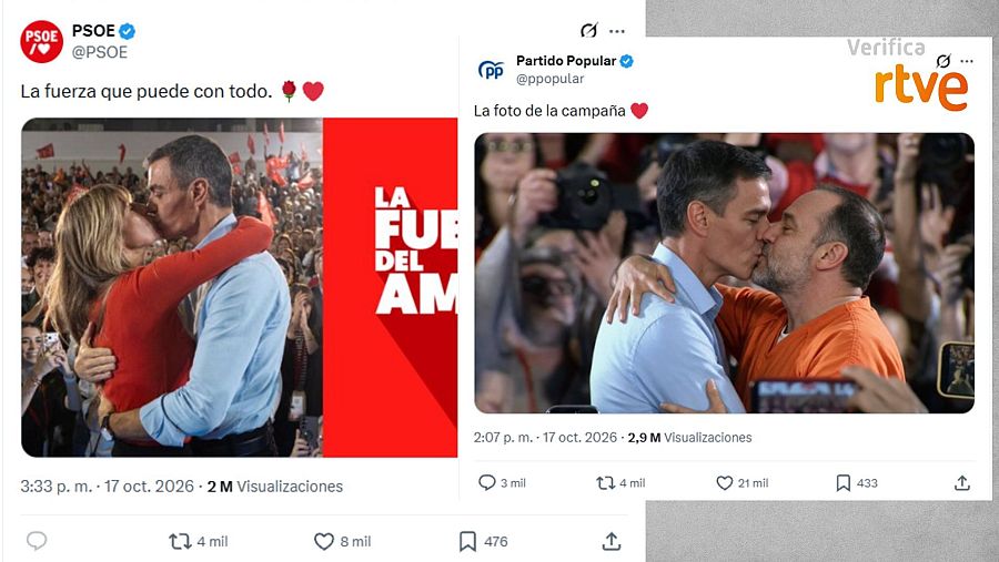 Mensaje en X del PSOE con el beso de Sánchez y su mujer y respuesta del PP generada con IA