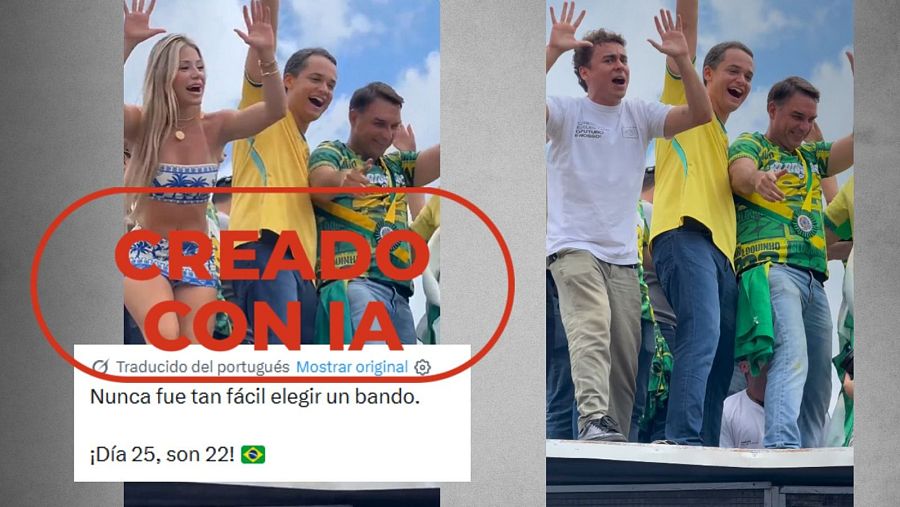 Comparativa entre el vídeo generado con IA de esta falsa influencer y la imagen real del acto de Flávio Bolsonaro.