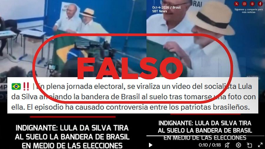 Mensaje de X que difunde la falsa idea de que Lula arrojó la bandera de Brasil al suelo.