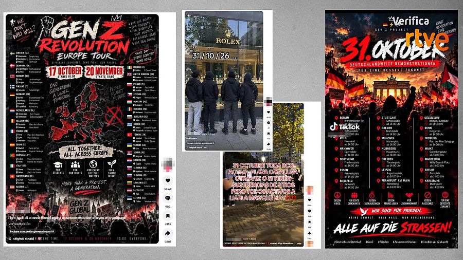 Carteles y mensajes difundidos en TikTok que llaman a la movilización el 31 de octubre y el 20 de noviembre