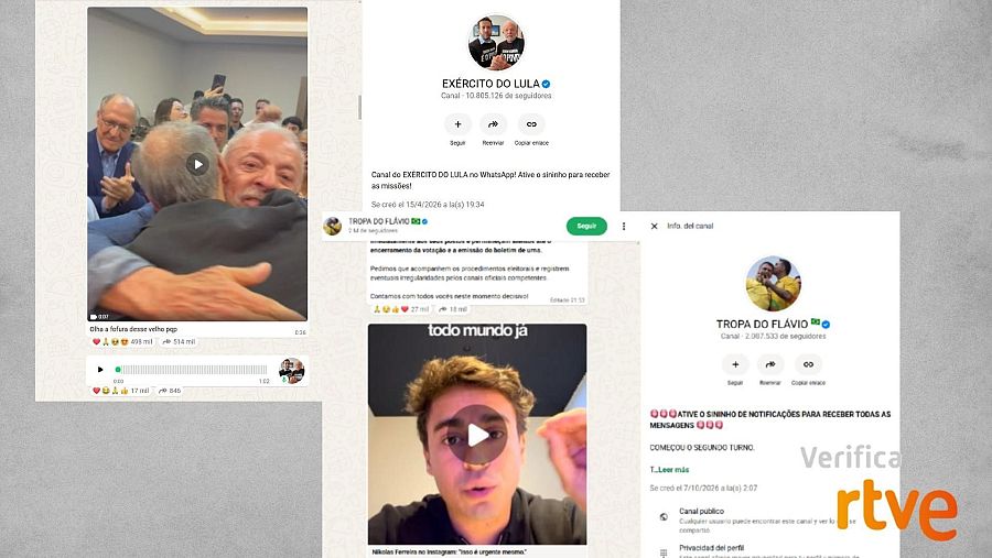 Perfiles de los canales en WhatsApp de 'Exército do Lula' y 'Tropa do Flávio'