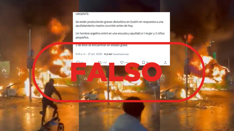 Mensaje que difunde como actual un vídeo de 2023 de protestas en Dublín con sello 'falso'