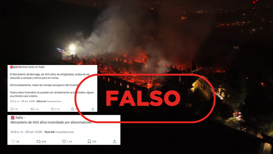 Mensajes que difunden como actual un vídeo de 2025 de un incendio en un monasterio en Italia, con sello 'falso'