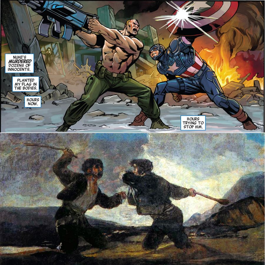 Viñeta del 'Capitán América' de Carlos Pacheco que homenajea a 'Riña a garrotazos', de Goya