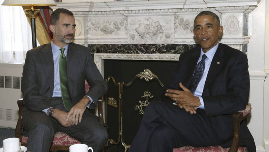 El rey Felipe VI durante la reunión que ha mantenido con el presidente de Estados Unidos, Barack Obama , durante la segunda jornada de su visita a Nueva York, tras intervenir en la Cumbre sobre el Clima organizada en la sede de la ONU. 