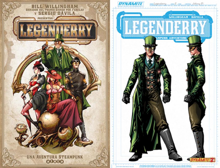 Portada de la edición española de 'Legenderry' y estudio para el personaje de The Green Hornet