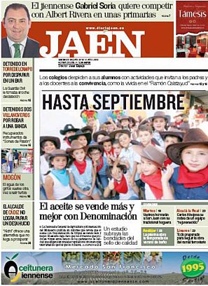 Portada del Diario Jaén, que publica que el profesor jienense Gabriel Soria rivalizará con Albert Rivera para ser el candidato de Ciudadanos a presidir el Gobierno.