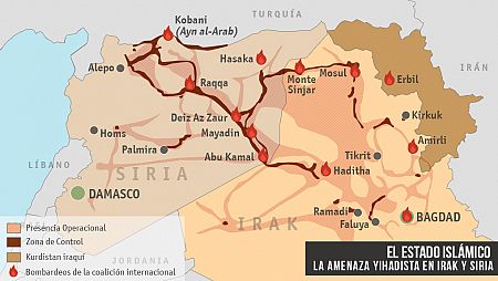Mapa de las zonas de control e influencia del Estado Islámico en Irak y Siria. Elaboración: RTVE.es