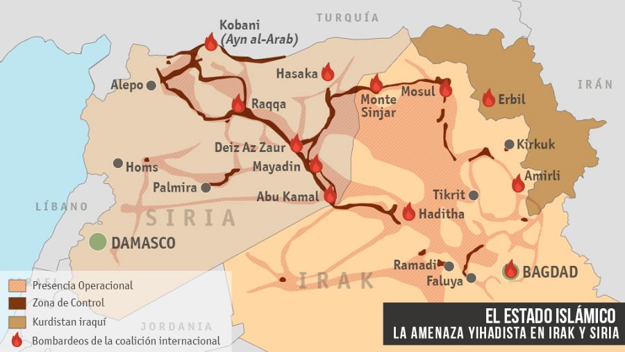 Mapa de las zonas de control e influencia del Estado Islámico en Irak y Siria. Elaboración: RTVE.es