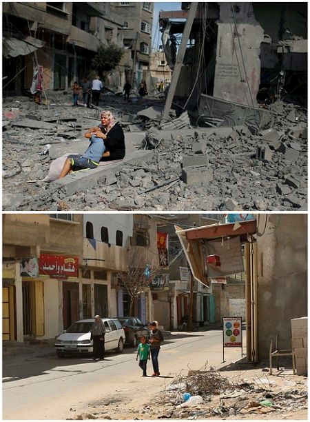 Combo de la misma calle de Beit Hanun. Arriba, el 26 de julio de 2014. Abajo, el 6 de julio de 2015.
