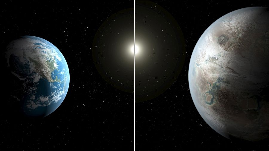 Ilustración artística que compara la Tierra, a la izquierda, con el nuevo planeta, Kepler-452B.