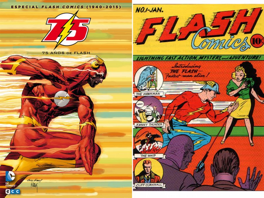Portadas del especial  '75 años de Flash' (2015) y  el número 1 de 'Flash Comics' (1940)