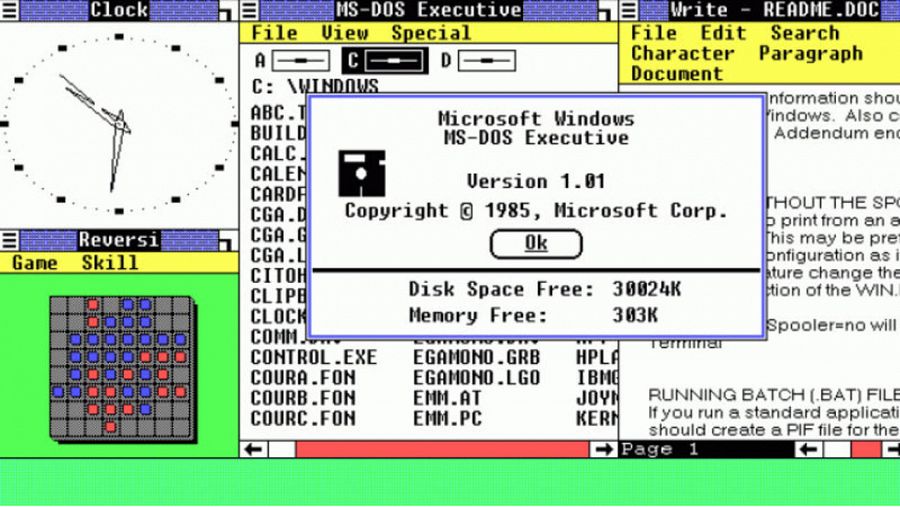 Pantallazo del sistema operativo Windows 1 en 'Historia de los Iconos'.