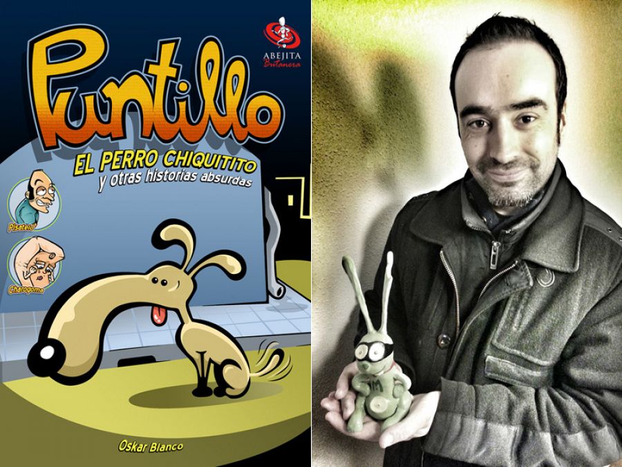 Portada de 'Puntillo, el perro chiquitito y otras historias absurdas' y su autor, Oskar Blanco