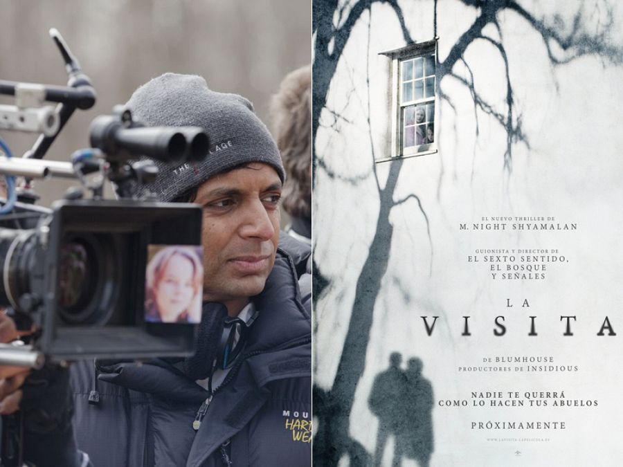 M.Night Shyamalan en un momneto del rodaje y cartel español de 'La visita'