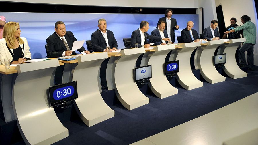 Los líderes de los principales partidos que se presentan a las elecciones en Grecia, durante un debate televisivo. REUTERS/Michalis Karagianniste in Athens