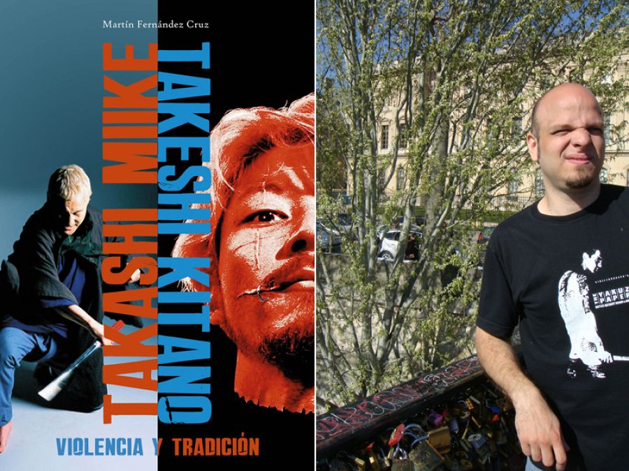 Portada del libro 'Takashi Miike / Takeshi Kitano: Violencia y tradición' y su autor, Martín Fernández Cruz