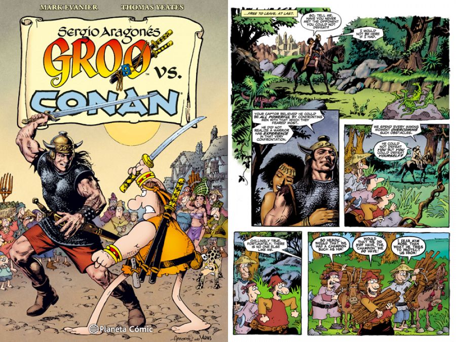Portada y página de 'Groo vs. Conan' 