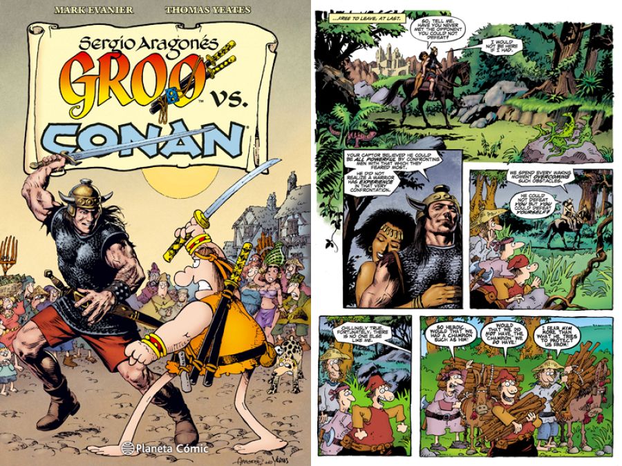 Portada y página de 'Groo vs. Conan'