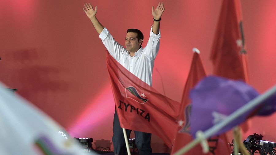 El líder de Syriza, Alexis Tsipras, durante el mitin de fin de campaña en Atenas FP PHOTO / ARIS MESSINIS