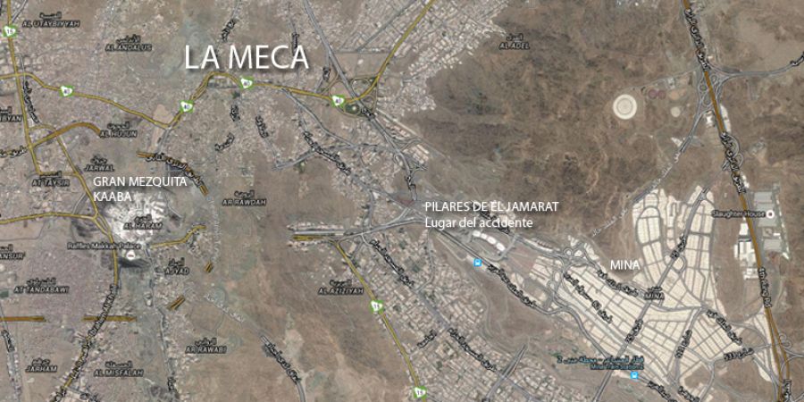 Mapa de la Meca con la localización del lugar de la avalancha en los Pilares de El Jamarat