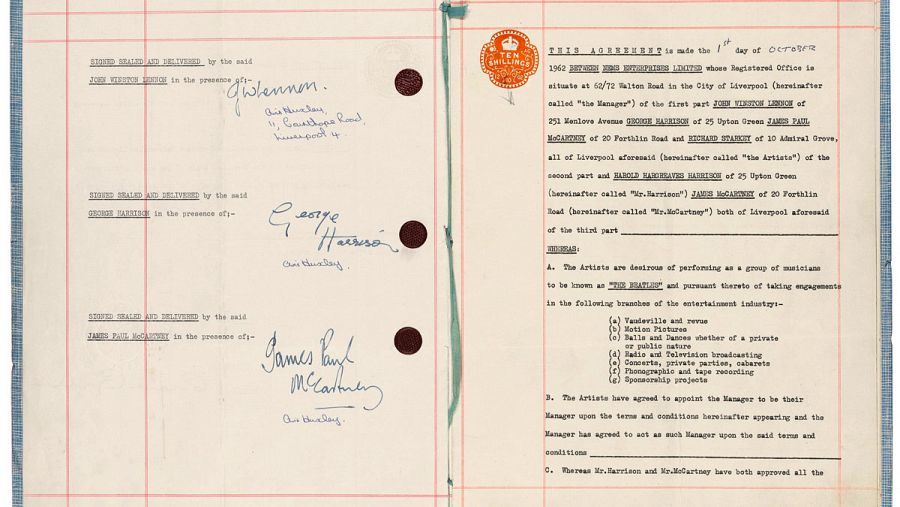 El contrato que lanzó a la fama a Los Beatles firmado el 1 de octubre de 1962