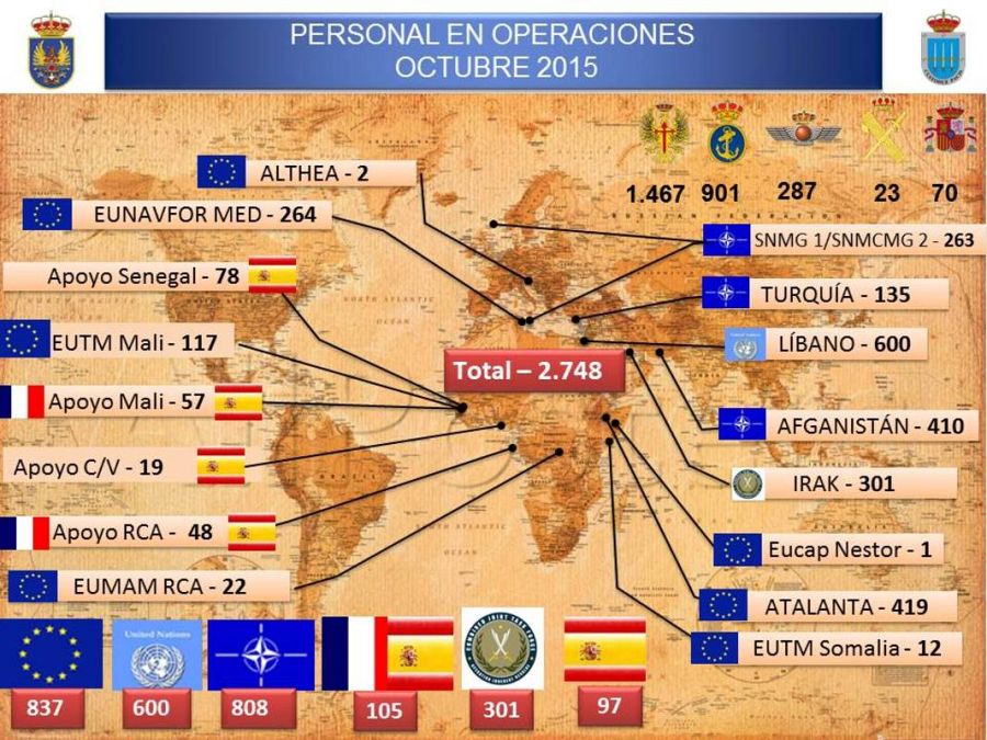 Mapa del Ministerio de Defensa con los últimos datos actualizados con las tropas españolas desplegadas en misiones en el extranjero