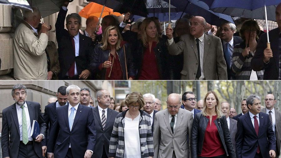 Joana Ortega (3i, arriba) e Irene Rigau (6i, abajo) han acudido a declarar arropadas por miembros del Govern