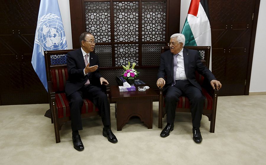 Reunión en Ramala entre el secretario general de la ONU, Ban Ki-moon, y el presidente palestino, Mahmud Abás