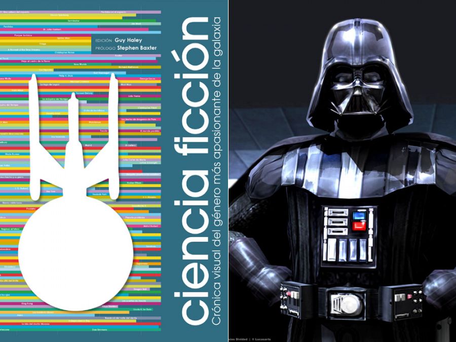 Portada del libro 'Ciencia ficción, crónica visual del género más apasionante de la galaxia' y una imágen icónica de Darth Vader