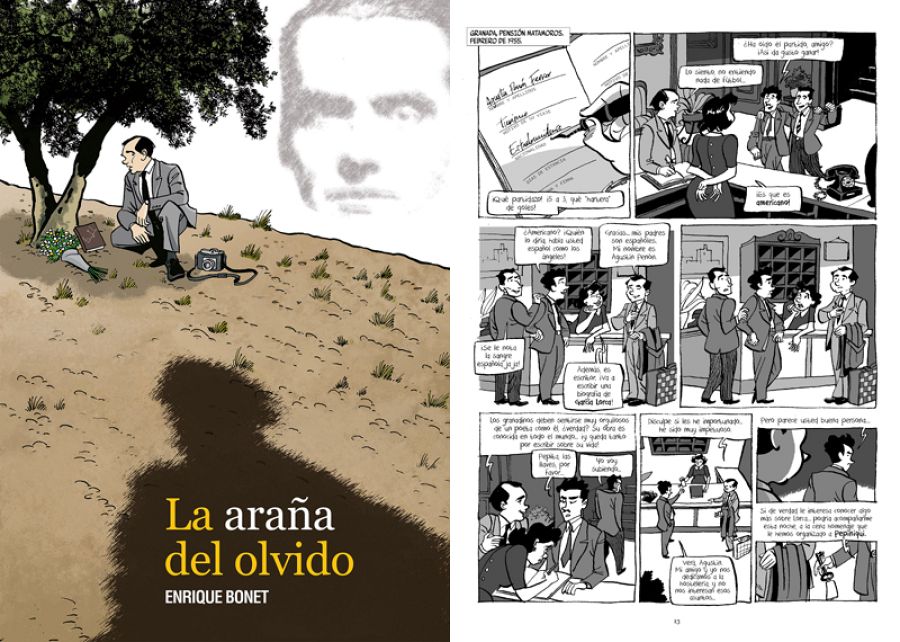 Portada y página de 'La araña del olvido'