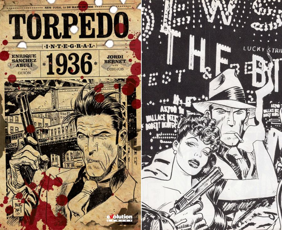 Portada del integral de 'Torpedo 1936' publicado por Panini y una iustración del personaje