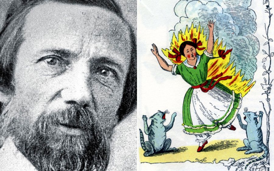 Heinrich Hoffmann y una de sus ilustraciones sobre que si juegas con fuego... te quemas.