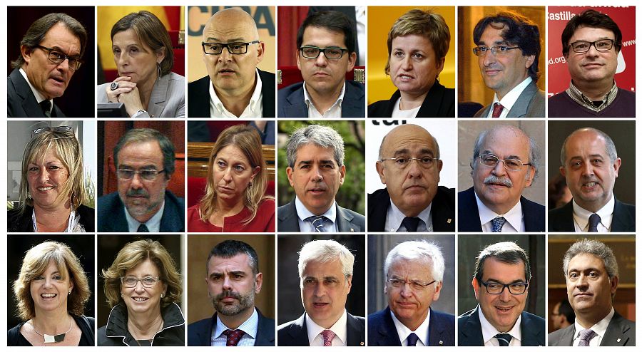Combo de fotografías de los 21 altos cargos de las instituciones catalanas a quien el Tribunal Constitucional podría llegar a suspender después de admitir a trámite el recurso de inconstitucionalidad contra la resolución del Parlamento catalán