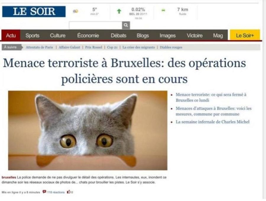 Captura de pantalla de la portada de 'Le Soir' durante la operación antiterrorista la pasada noche en Bruselas.
