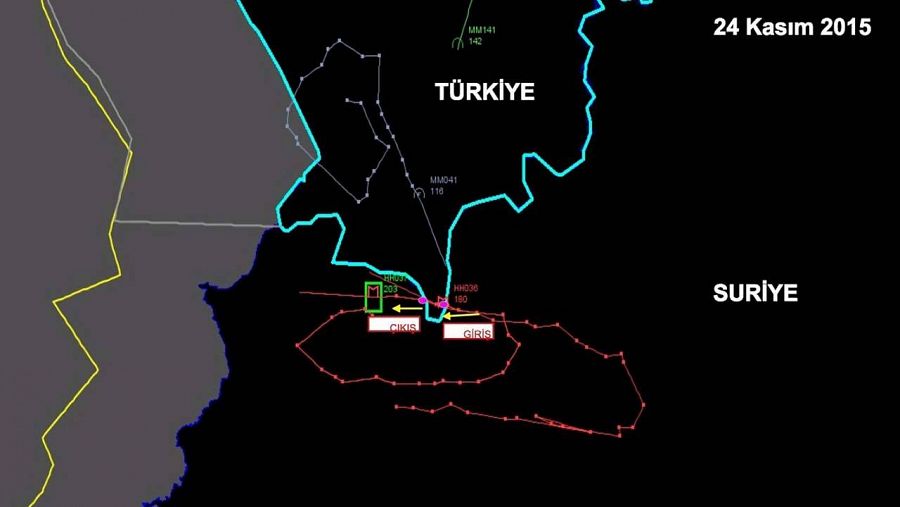 Imagen de radar, facilitada por Turquía, donde se muestra (en rojo) la trayectoria del avión ruso abatido por cazas turcos. Según esta imagen, el avión habría traspasado la frontera turca, algo que Moscú niega. REUTERS/Ministerio turco de Interior