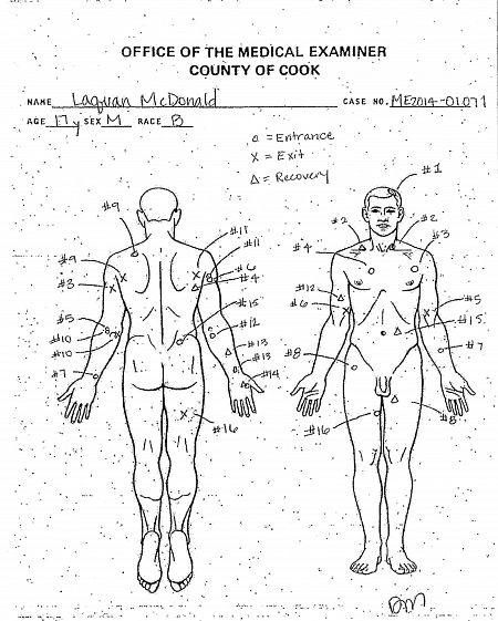 Fotografía facilitada por la oficina del forense del condado de Cook que muestra un diagrama del cuerpo de Laquan McDonald, de 17 años, tras el suceso.