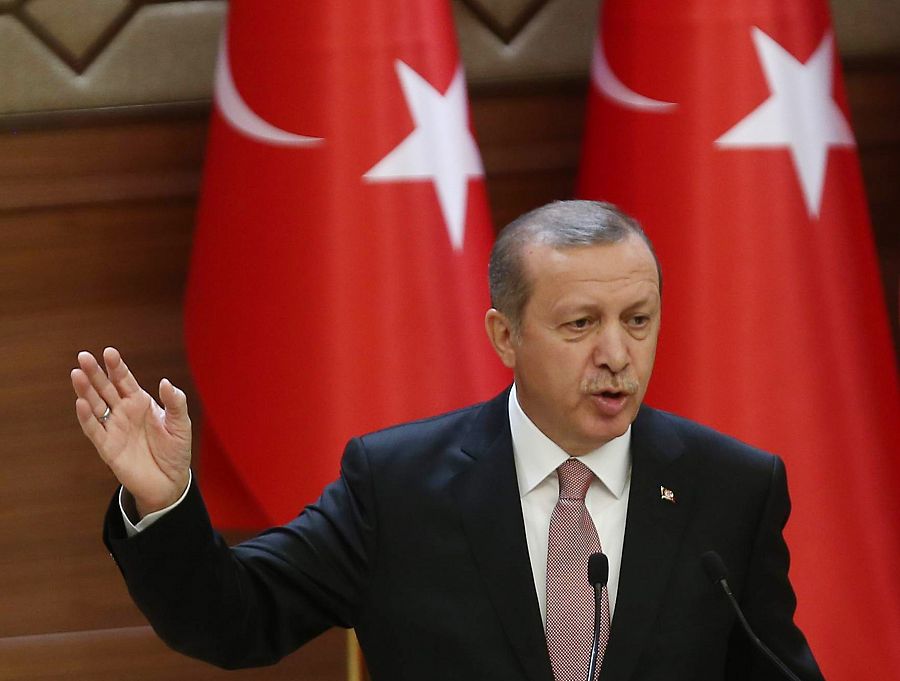 El presidente turco, Recep Tayyip Erdogan, pronunciando un discurso en el palacio presidencial