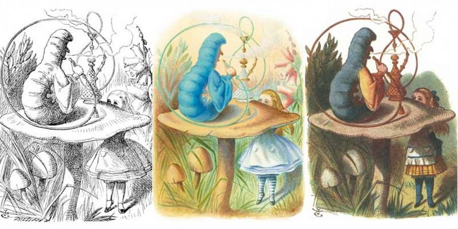 Las tres versiones de la ilustración de la Oruga, la original en blanco y negro, la coloreada por el propio Tenniel para 'Alicicia para los más pequeños' y la de la versión coloreada.